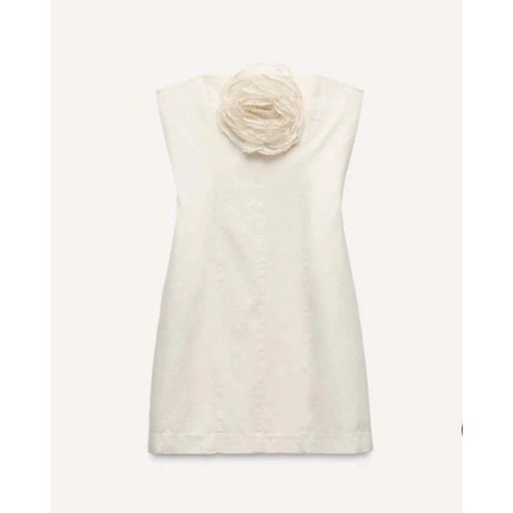 Zara Strapless Linen Blend Mini Dress With Flower Cream Size L EUC - Picture 7 of 9